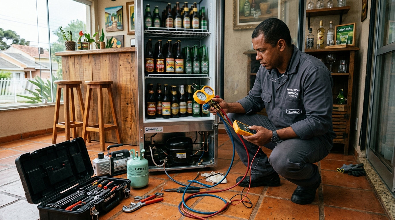Profissional executando reparo no motor de cervejeira em Ribeirão Preto‑SP