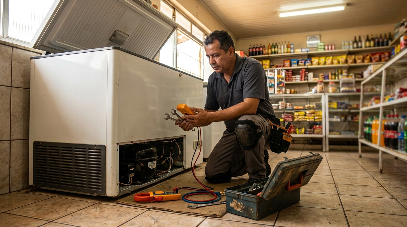 Profissional executando manutenção no motor de freezer em Ribeirão Preto‑SP